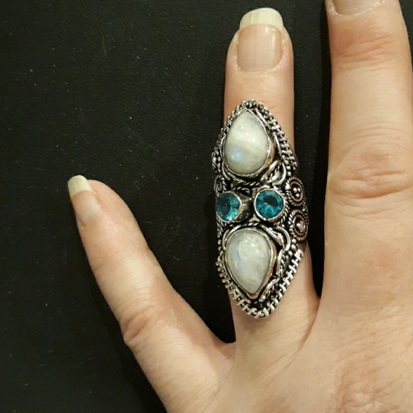 New Rainbow Moonstone & Blue Topaz 925 Silver Statement Ring. - Picture 2 of 8